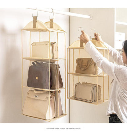 Beige Hanging Dustproof Storage Bag - Multi-Layer Organizer for Bags, Clothes & Accessories, 3-Tier Non-Woven Fabric