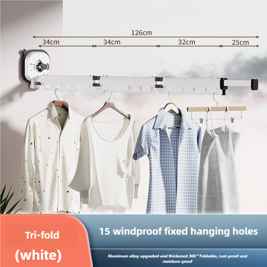 White Wall-Mounted Foldable Clothes Drying Rack - 3-Section Aluminum with 15 Windproof Hooks