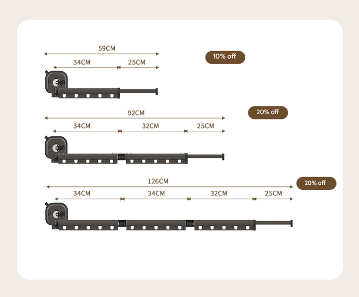 White Wall-Mounted Foldable Clothes Drying Rack - 2-Section Aluminum with 10 Windproof Hooks