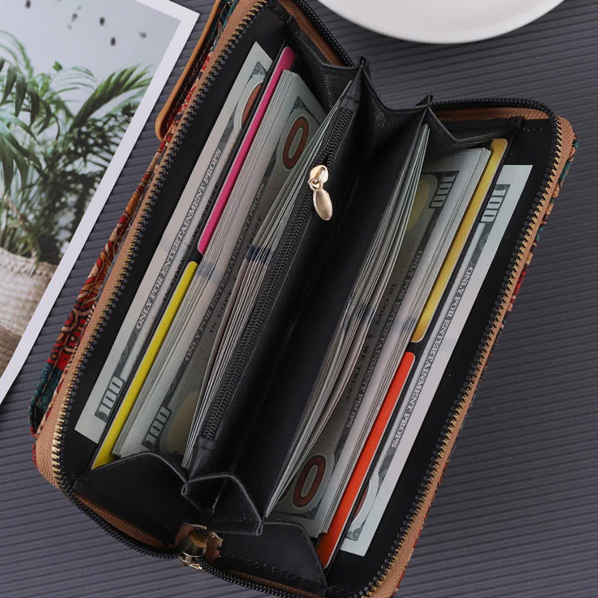 B Elegance Vintage Bohemian Style Wallet with Multi-Compartment Design - Large Capacity Zipper Clutch for Women