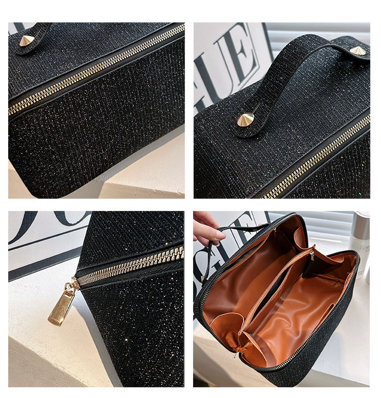 Silver Elegant Glitter Cosmetic Bag with Zipper and Handle