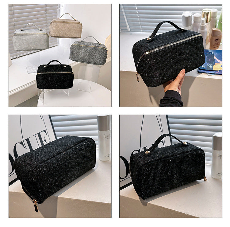 Silver Elegant Glitter Cosmetic Bag with Zipper and Handle