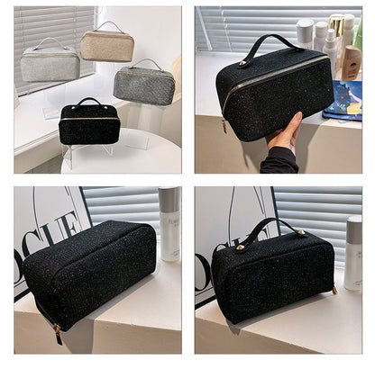 Silver Elegant Glitter Cosmetic Bag with Zipper and Handle