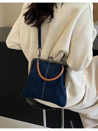 Dark Blue Handmade Denim Patchwork Small Crossbody Bag - Women's Shoulder & Handbag with Vintage Style