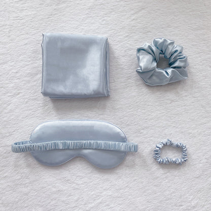 Light Gold Luxury Faux Silk Sleep Gift Set - 4-Piece Eye Mask, Pillowcase & Scrunchies for Relaxation & Comfort