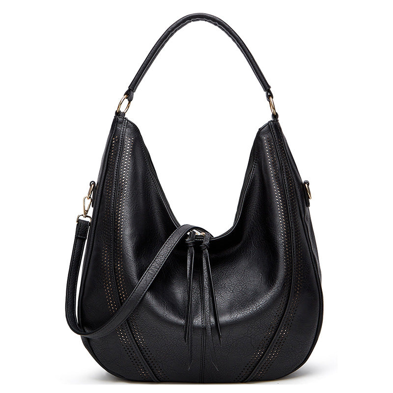 Black Mother and Child Bag Two Piece Set Distressed Faux Leather Hobo Bag - Large Capacity Shoulder Bag for Women
