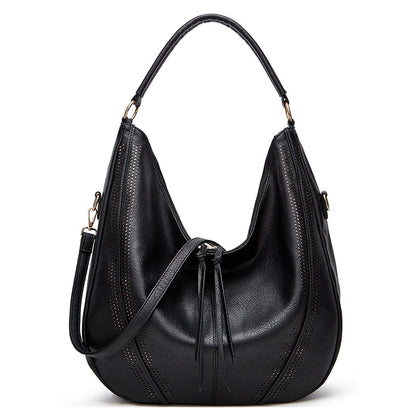 Black Mother and Child Bag Two Piece Set Distressed Faux Leather Hobo Bag - Large Capacity Shoulder Bag for Women