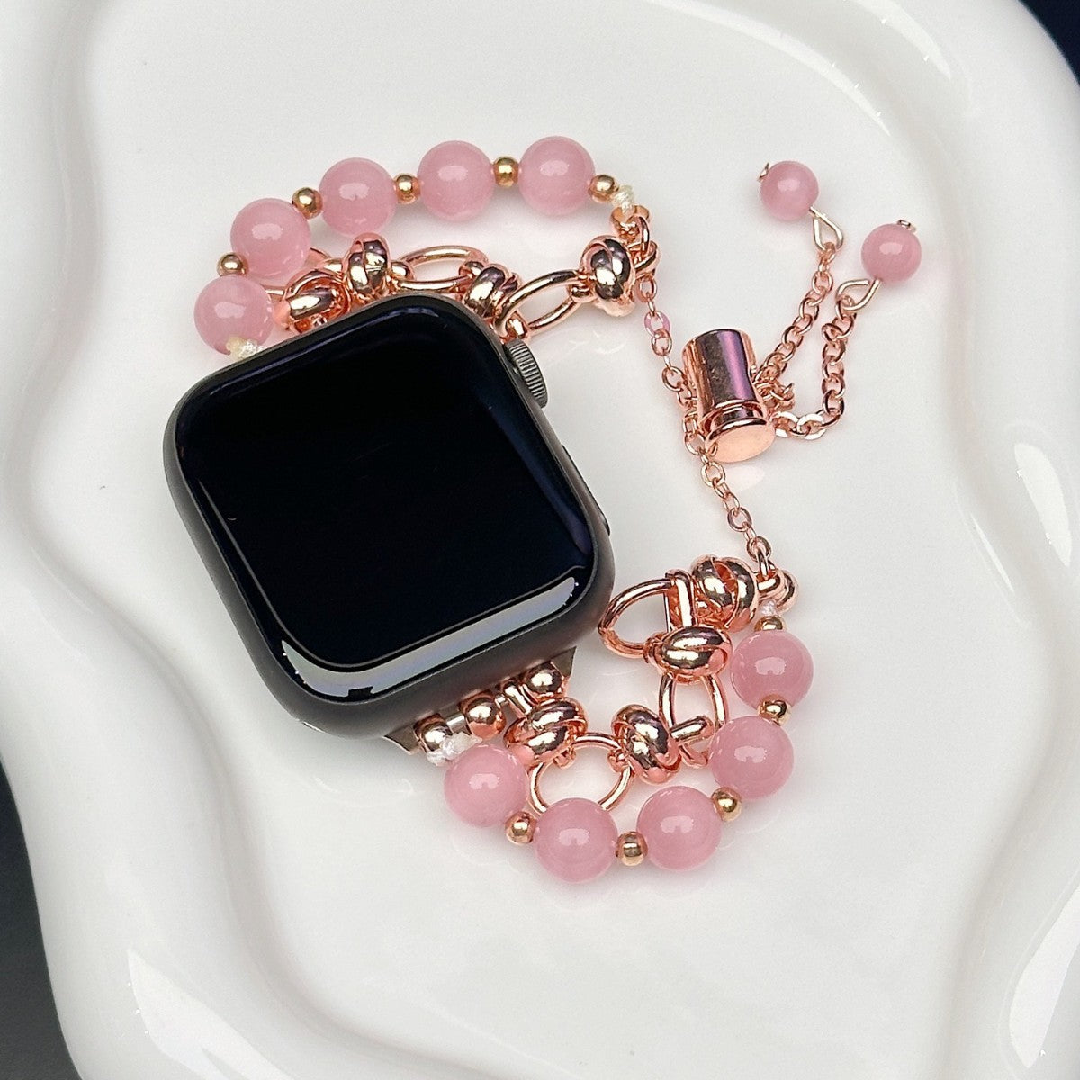 2-pcs Pink Elegant Cat's Eye Beaded Bracelet Band for Apple Watch - Women's Luxury Strap (Compatible Size :42/44/45MM )