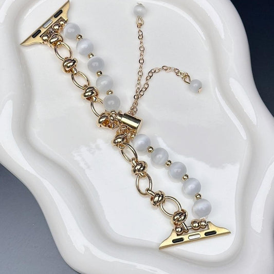 2-pcs Gold chain with white beads Elegant Cat's Eye Beaded Bracelet Band for Apple Watch - Women's Luxury Strap (Compatible Size :42/44/45MM )