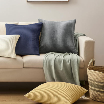 Blue Plush Striped Pillow Covers 45x45cm - Set of 4 Corduroy-Style Cushion Covers with Invisible Zipper, Soft and Washable for Sofa Decor
