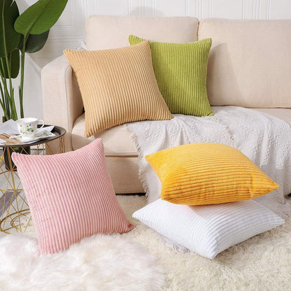 Light Grey Plush Striped Pillow Covers 45x45cm - Set of 4 Corduroy-Style Cushion Covers with Invisible Zipper, Soft and Washable for Sofa Decor