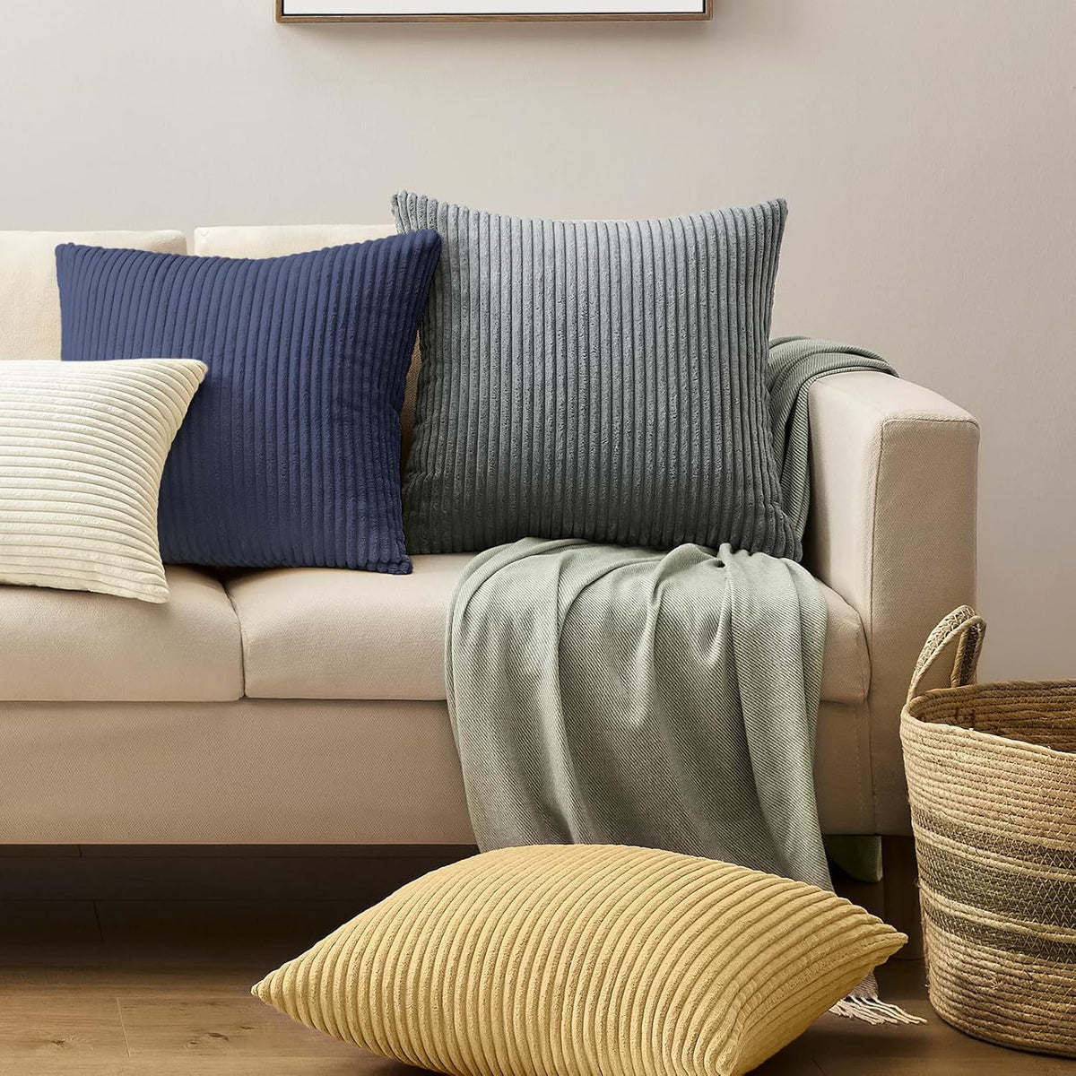 Bright Yellow Plush Striped Pillow Covers 45x45cm - Set of 4 Corduroy-Style Cushion Covers with Invisible Zipper, Soft and Washable for Sofa Decor