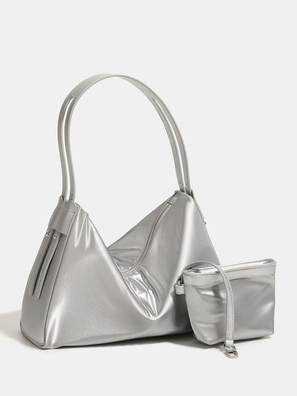 Blue Luminous Silver Nylon Underarm Shoulder Bag - Convertible Crossbody Hobo with Pouch - Lightweight & Modern