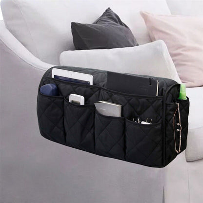 2 Pcs Black Quilted Sofa Armrest Organizer Caddy - Multi-Pocket Remote Control Holder Bag