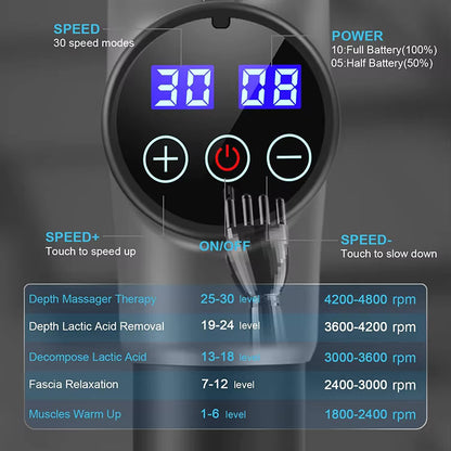 Carbon Fiber Deep Tissue Percussion Massage Gun - 30 Speeds, 6 Heads, Type-C Charging