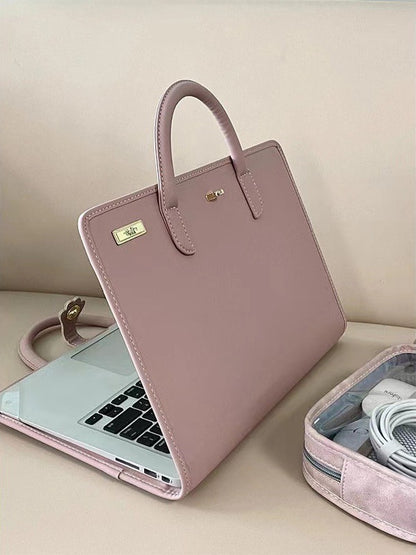 Stylish Leather Laptop Sleeve with Handle and Perforated Design - Soft Pink Color