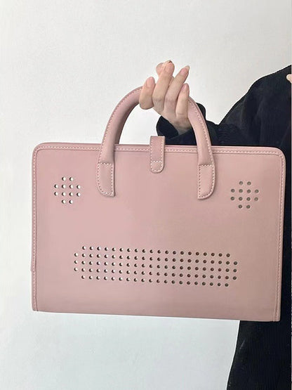 Stylish Leather Laptop Sleeve with Handle and Perforated Design - Soft Pink Color