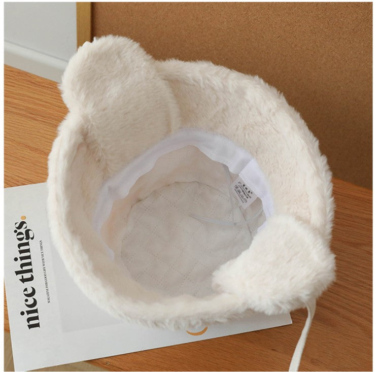 Plush Bucket Hat with Ear Flaps,Warm Furry Winter Hat in Khaki-One size (54-59cm) adjustable