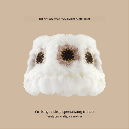 Plush Floral Bucket Hat,Warm Crocheted Winter Hat in White Pink-Hat circumference: 56-60cm