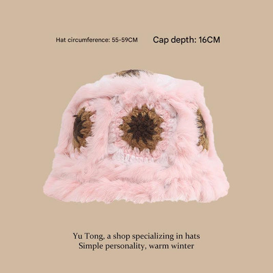 Plush Floral Bucket Hat,Warm Crocheted Winter Hat in Pink-Hat circumference: 56-60cm