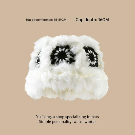 Plush Floral Bucket Hat,Warm Crocheted Winter Hat in Black and White-Hat circumference: 56-60cm
