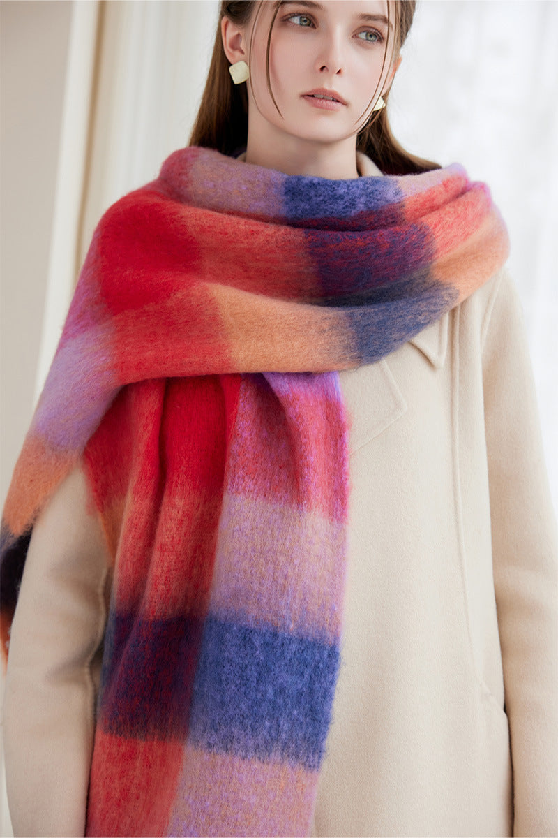 Winter Luxe Warm Oversized Scarf-Cozy Thick Plaid Wrap, European Chic Style(Orange-blue plaid)