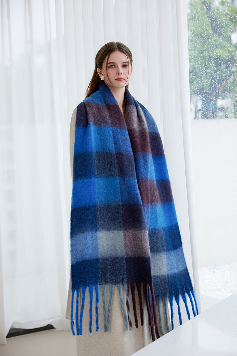 Winter Luxe Warm Oversized Scarf-Cozy Thick Plaid Wrap, European Chic Style(Orange-blue plaid)
