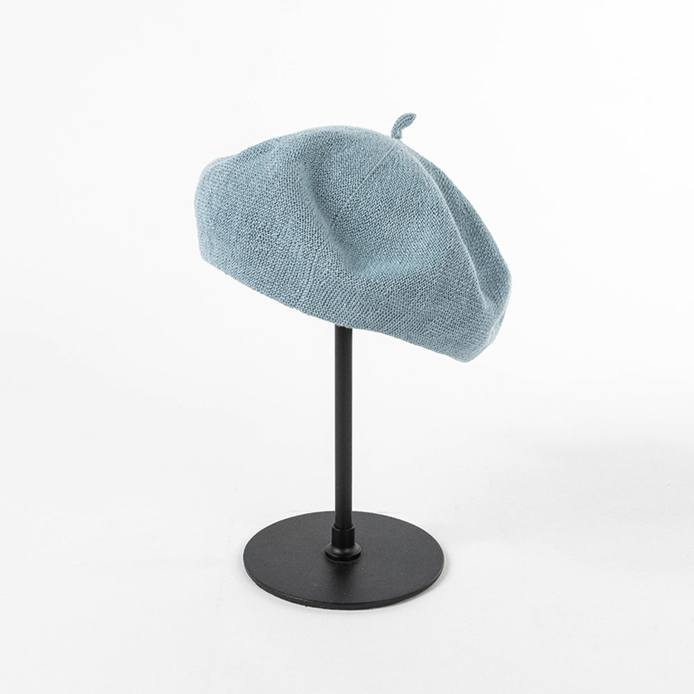 Gray-blue Linen Knit Beret - Classic Soft and Stylish Headwear