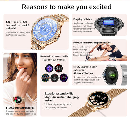 Elegant Women's Smartwatch,HD Touchscreen, Bluetooth Calls, Health Monitoring(gold)