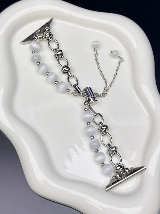 2-pcs Silver Elegant Cat's Eye Beaded Bracelet Band for Apple Watch - Women's Luxury Strap (Compatible Size :42/44/45MM )