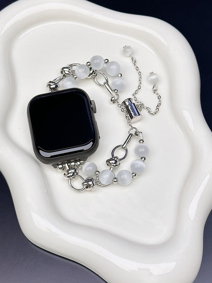 2-pcs Silver Elegant Cat's Eye Beaded Bracelet Band for Apple Watch - Women's Luxury Strap (Compatible Size :42/44/45MM )