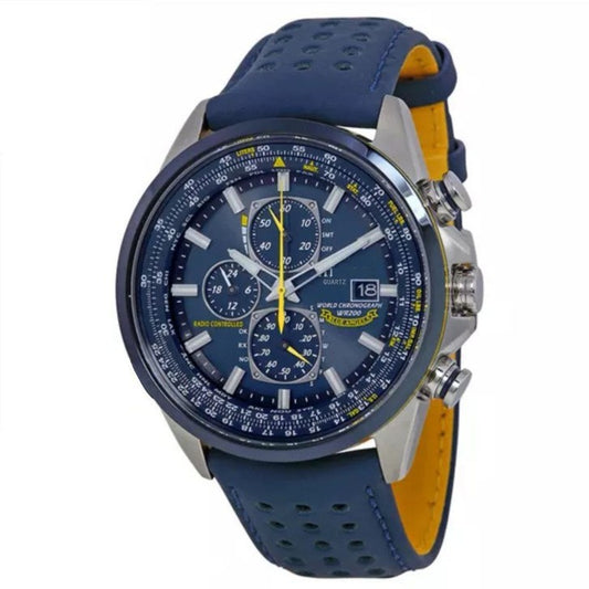Blue leather strap Elegant Men's Quartz Chronograph Watch with 42mm Case and Perpetual Calendar