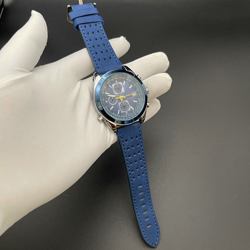 Blue leather strap Elegant Men's Quartz Chronograph Watch with 42mm Case and Perpetual Calendar