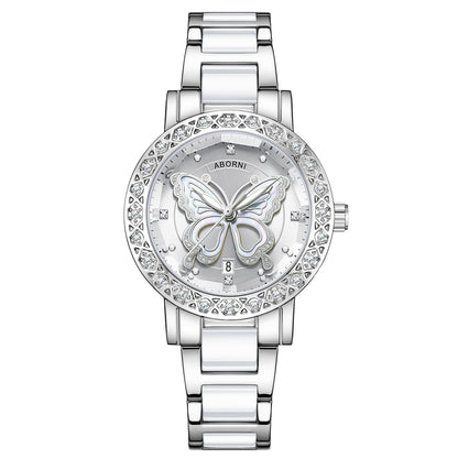 Women's Butterfly Quartz Watch with Ceramic Steel Strap and Luminous Hands (Silver shell white surface steel belt)