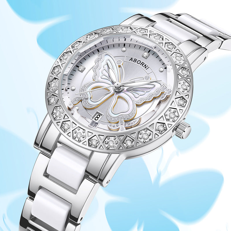 Women's Butterfly Quartz Watch with Ceramic Steel Strap and Luminous Hands (Silver shell white surface steel belt)