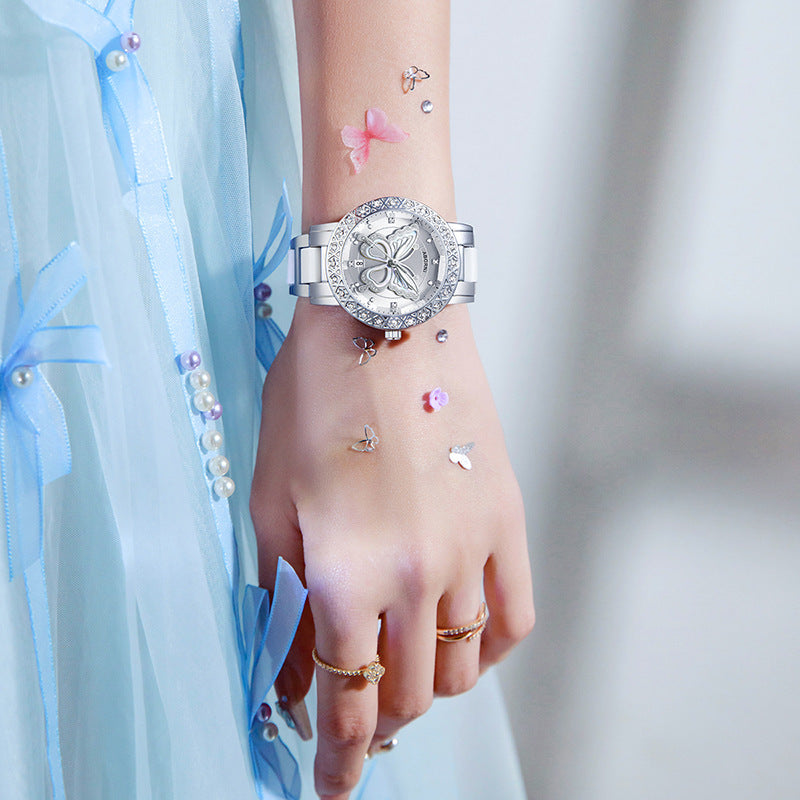 Women's Butterfly Quartz Watch with Ceramic Steel Strap and Luminous Hands (Silver shell white surface steel belt)