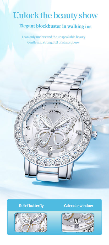 Women's Butterfly Quartz Watch with Ceramic Steel Strap and Luminous Hands (Silver shell white surface steel belt)