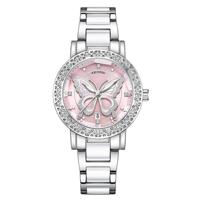 Women's Butterfly Quartz Watch with Ceramic Steel Strap and Luminous Hands (Silver shell powder surface steel belt)