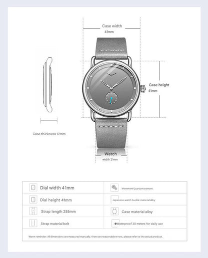 Brown belt black surface Elegant Men's Watch with Leather Band - Small Seconds, Onion Crown Detail