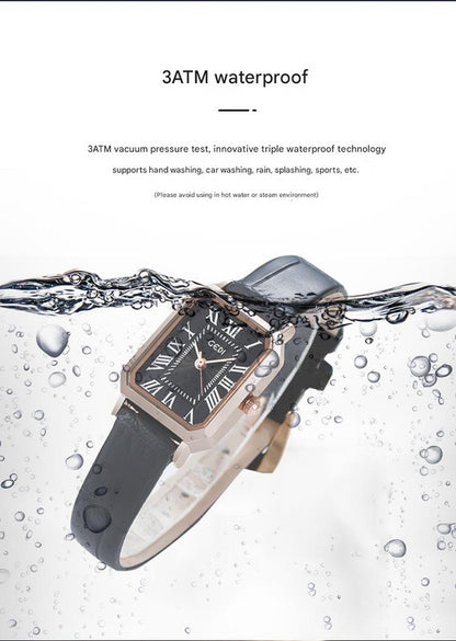 Rose gold shell, white plate, green belt Ladies Quartz Watch - Classic Rectangular, Leather Band