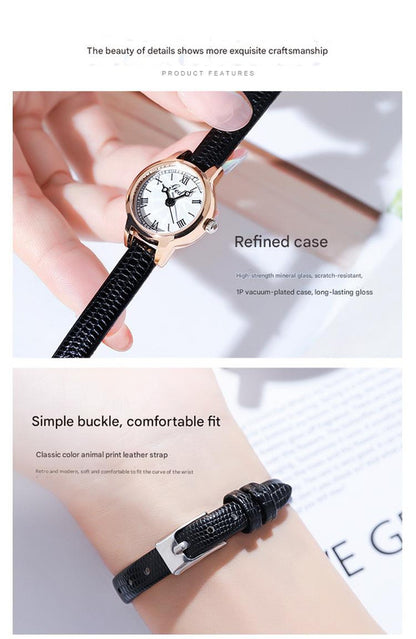 Rose Shell White Plate Green Belt Delicate Women's Watch - 20mm Roman Numeral Dial, Leather Strap