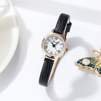 Rose shell white plate black belt Delicate Women's Watch - 20mm Roman Numeral Dial, Leather Strap