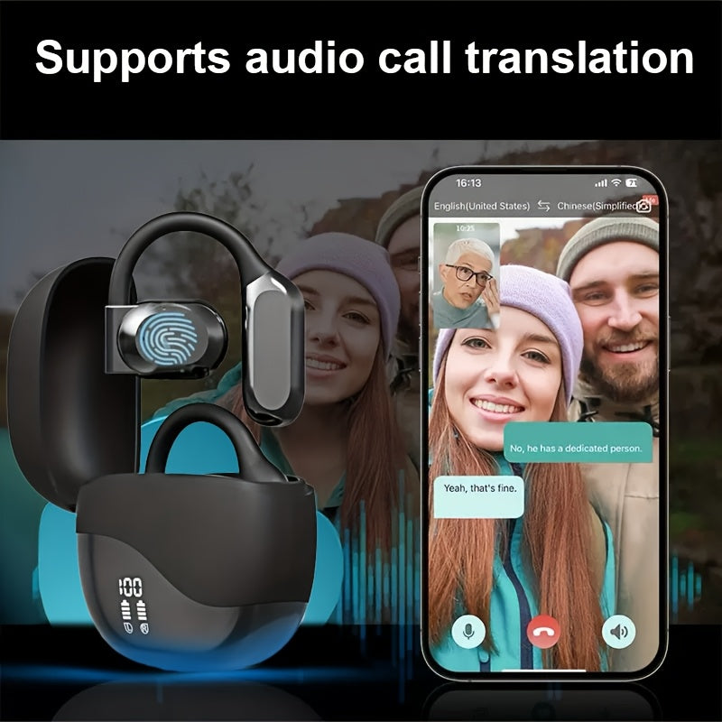 Black Comfortable Open-Ear Bluetooth Headset - Real-Time Translation, LED Display