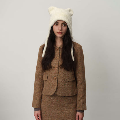 White Fluffy Cat Ear Winter Earflap Hat Women Knitted Warm Cold Weather Cap