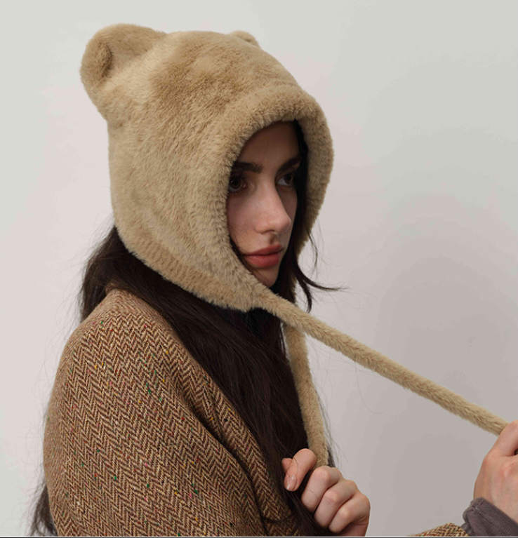 Beige Fluffy Cat Ear Winter Earflap Hat Women Knitted Warm Cold Weather Cap