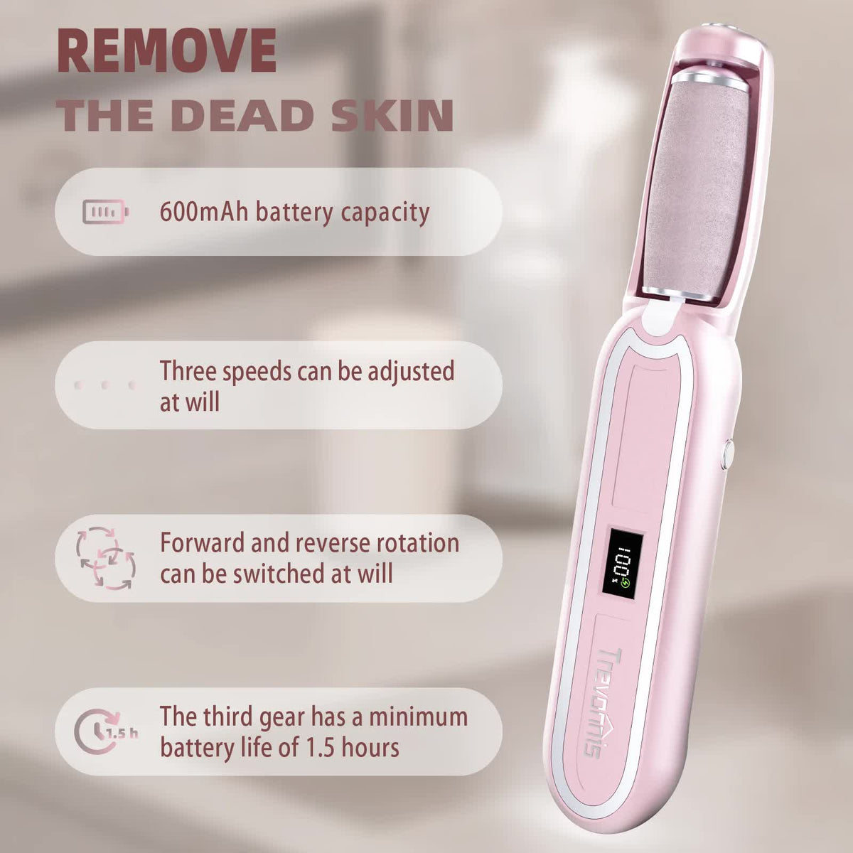 Pink Rechargeable Electric Callus Remover - 3 Speeds, LCD, for Smooth Feet