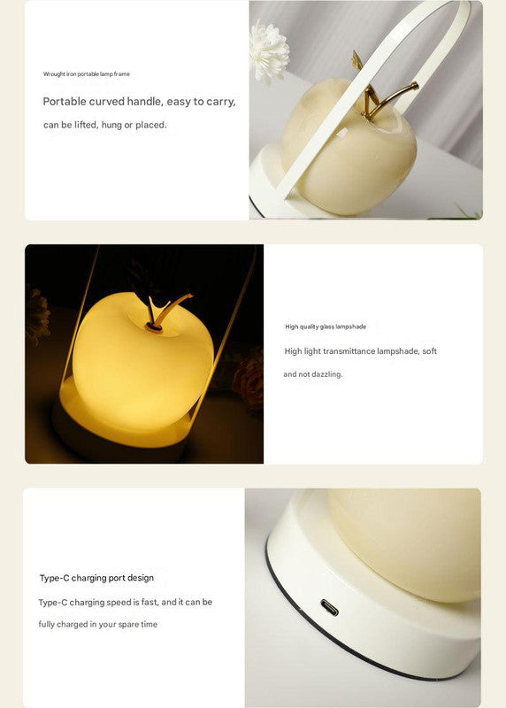 Orange Decorative Apple Table Lamp - USB-C,  3 Light Modes, Metal Handle