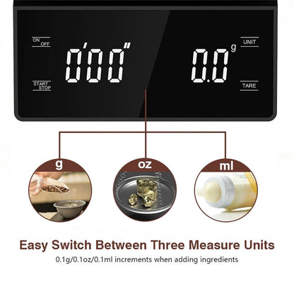 Digital Coffee Scale with Timer - 0.1g Precision, USB Rechargeable, Pour Over & Espresso