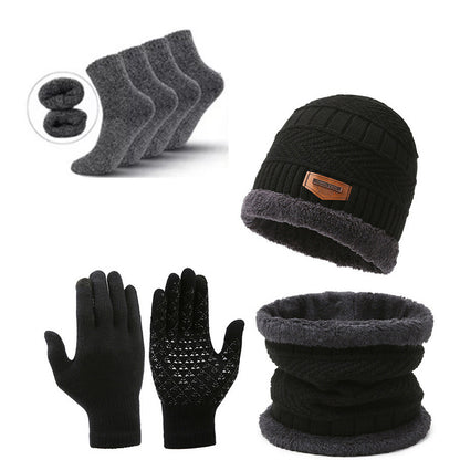 Black Men's 5-Piece Winter Essentials Set -  Lined Beanie Hat, Neck Warmer, Touchscreen Gloves & 2 Pairs Thermal Socks