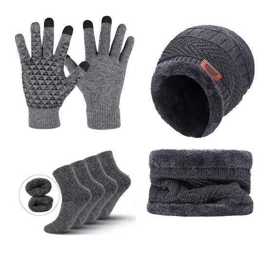 Grey Men's 5-Piece Winter Essentials Set -  Lined Beanie Hat, Neck Warmer, Touchscreen Gloves & 2 Pairs Thermal Socks